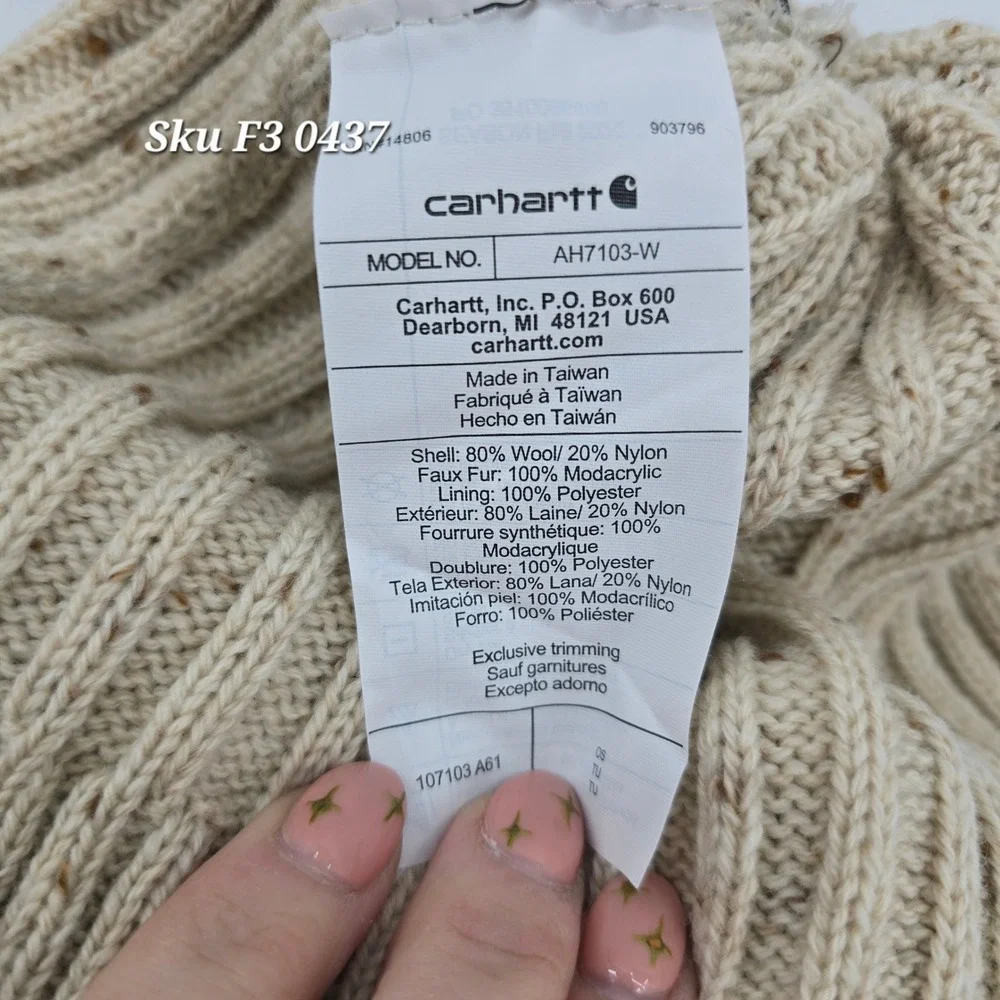 Carhartt Women's Wool Blend Faux Fur Pom Beanie Oatmeal Speckled Workwear